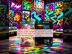 Op maat gemaakte bestelling geaccepteerd Holographic Shiny Spot UV Foil Laser Card Paper Box Zilver met gouden stempel Rigid Craft Box